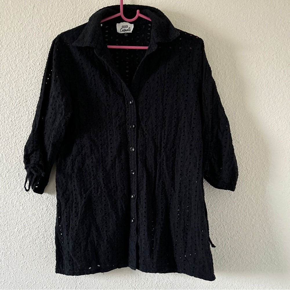 OSO Casuals Western Cottage Eyelet Vacation Button up Shirt Women’s Medium Black
